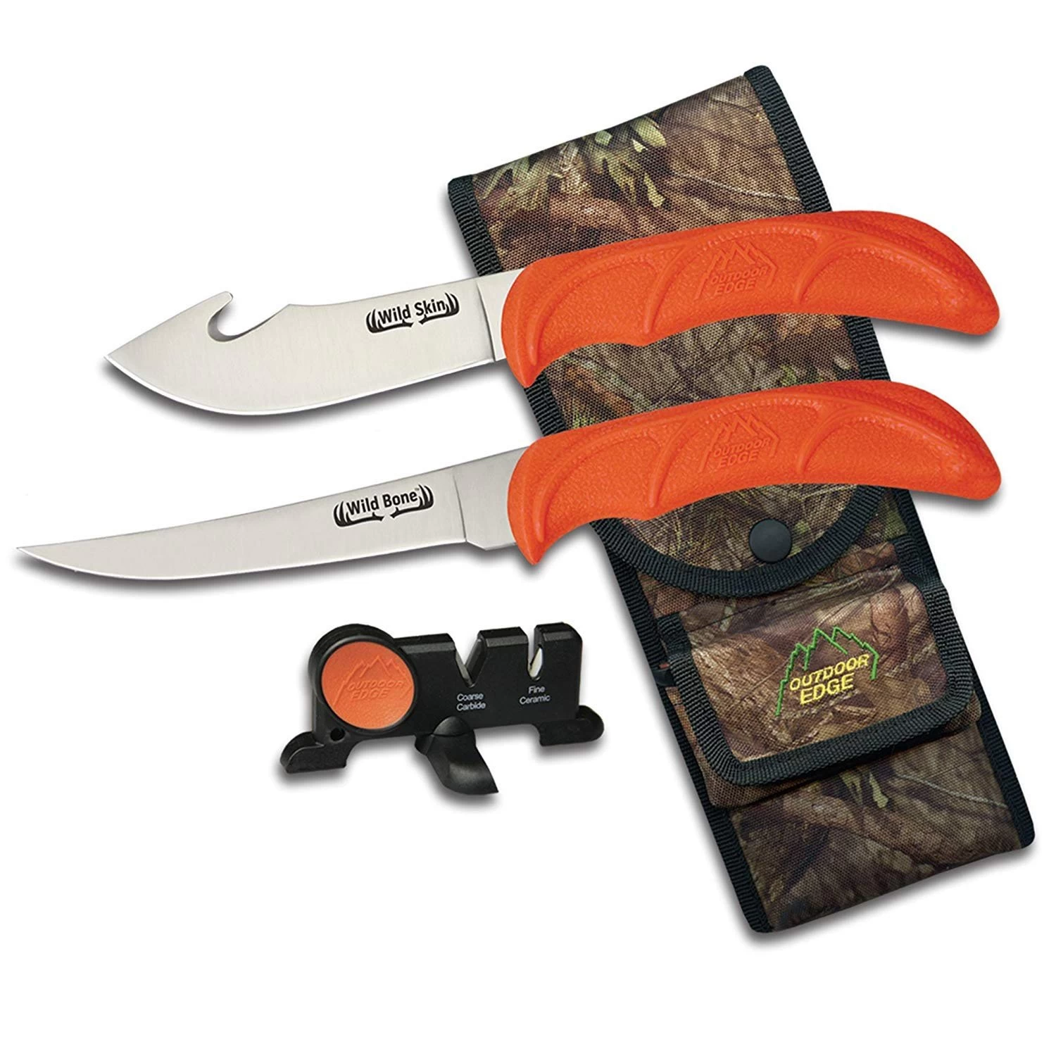 Outdoor Edge Wild Bone 2 Knife Hunting Set – Gut Hook Skinning Knife, Boning/Fillet Knife, Sharpener, Sheath WB-4C